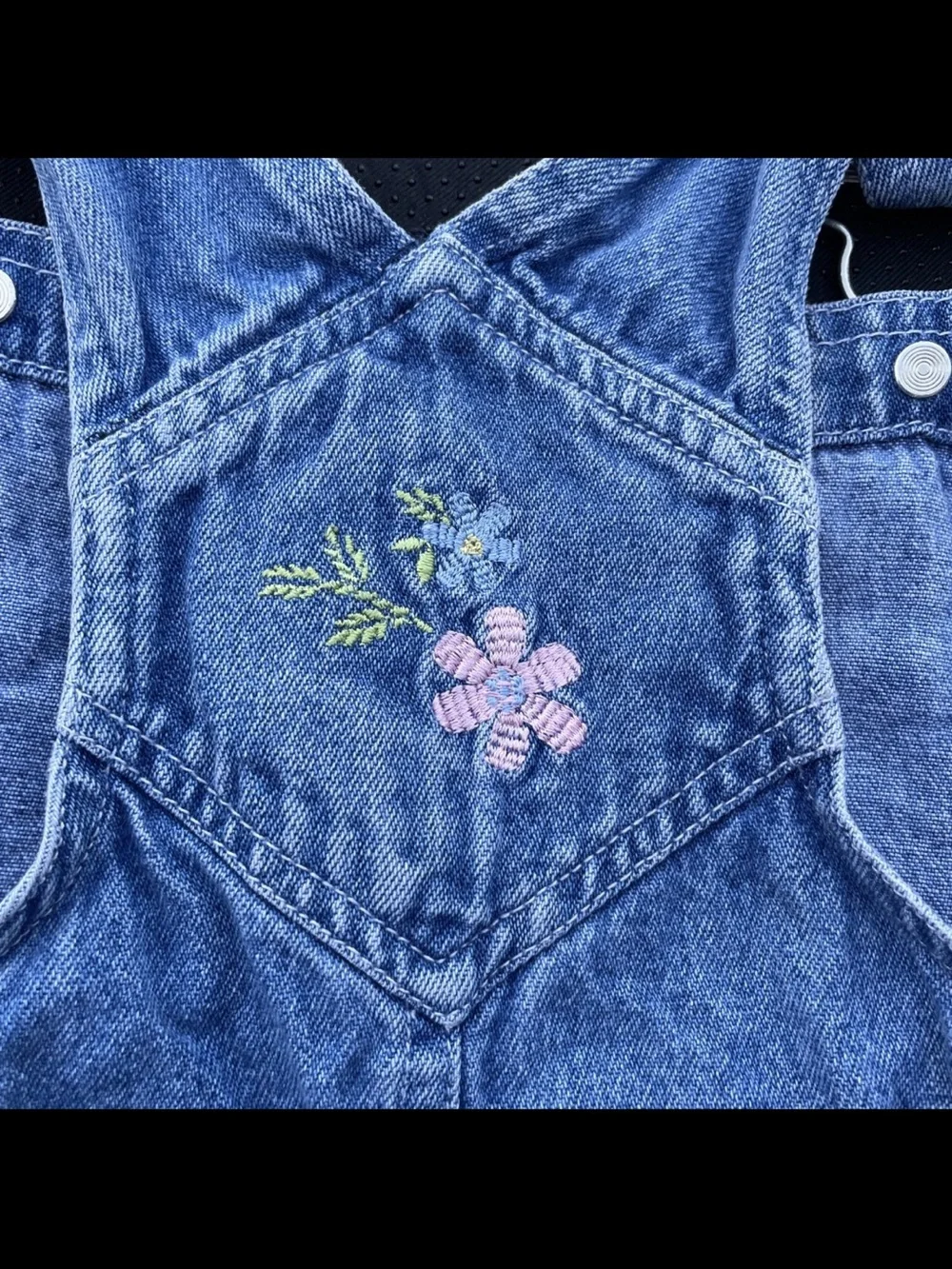 Vintage Faded Glory Blue Denim Floral Embroidered Overalls Dress